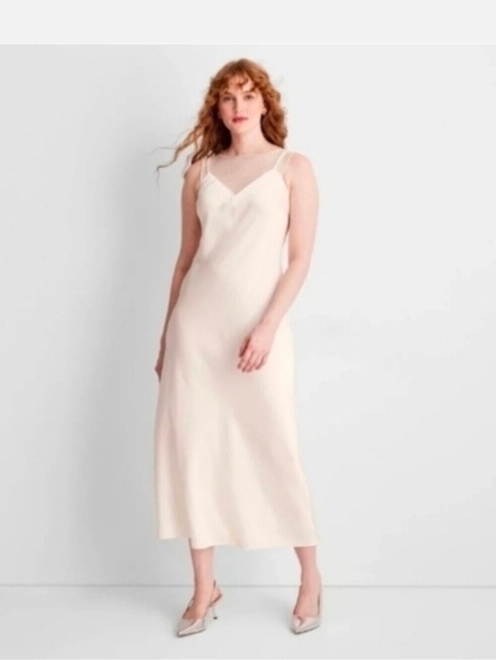 Future Collective Women's Sleeveless Mixed Media Ankle Slip Dress Cream SIZE L